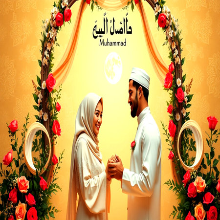 Happy eid mubarak greeting card with happy muslim couple.の写真素材