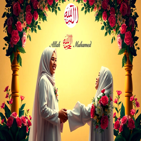 Hijab woman in traditional clothes greeting and greeting for Eid Mubarakの写真素材