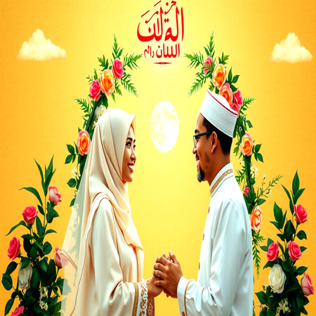 Hijab couple greeting each other during Eid al Fitr celebrationの写真素材