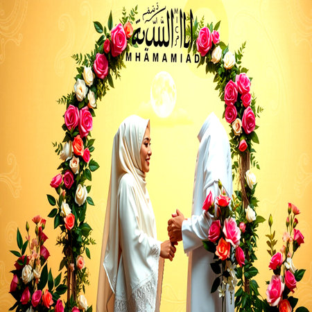 Hijab couple with beautiful flowerの写真素材