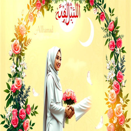 Hijab woman with flowers and crescent moon. Ramadan Kareem backgroundの写真素材