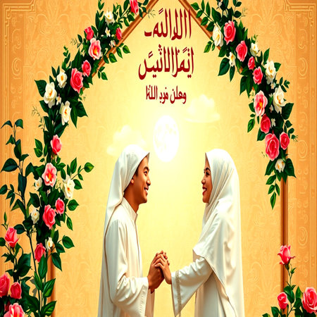 Eid Mubarak greeting card with muslim couple praying in the mosqueの写真素材