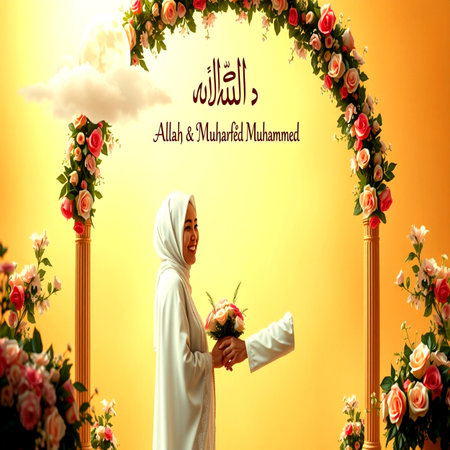 Muslim woman in traditional clothes holding a bouquet of flowers in front of the archの写真素材