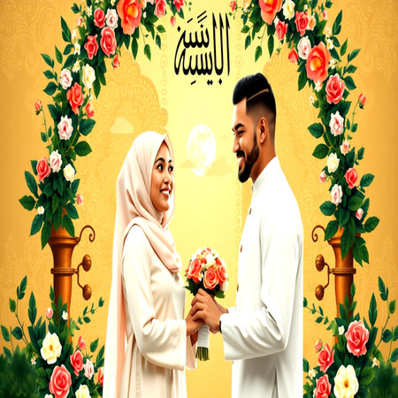 Hijab couple holding hands in front of floral wreath backgroundの写真素材