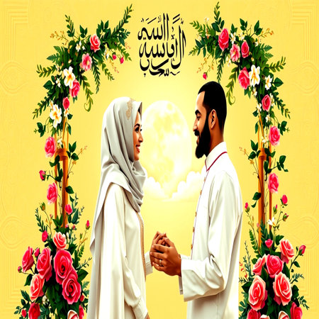 Hijab man and woman praying in front of a full moonの写真素材