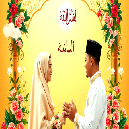 muslim couple praying together with Happy Eid Al Fitr background.の写真素材