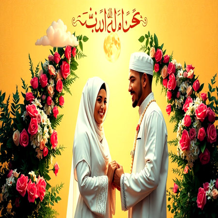 Happy muslim couple holding hands during Eid Mubarak celebration over yellow backgroundの写真素材