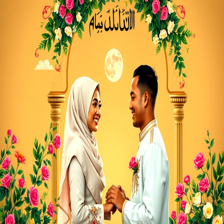 Hijab couple in front of a wall full of flowers.の写真素材