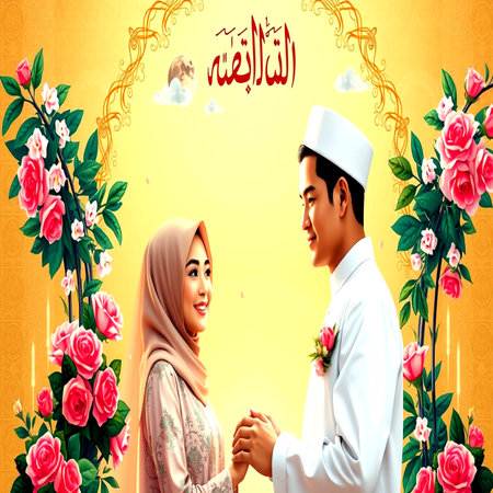 Happy Eid Al Fitr greeting with muslim couple and floral backgroundの写真素材
