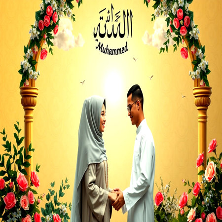 Hijab couple greeting each other in front of a floral backgroundの写真素材