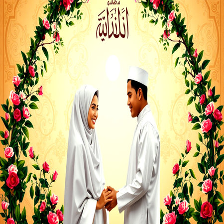 Happy eid mubarak greeting card with young muslim couple.の写真素材