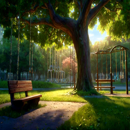 Wooden swing in the park at sunset. Beautiful summer landscape.の写真素材