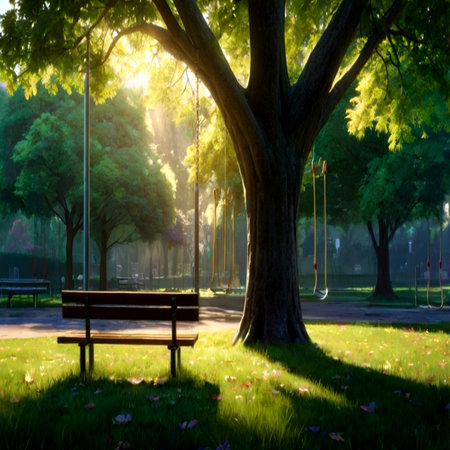 Empty bench in the park at sunset with trees and grass in the foregroundの写真素材