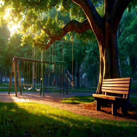 Wooden swing under a big tree in a park in the eveningの写真素材