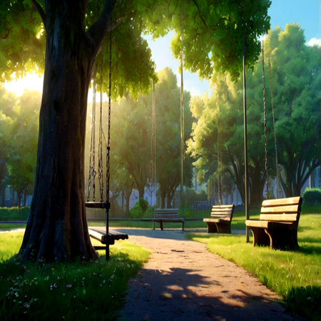 Wooden swing in the park at sunset. Beautiful landscape with bench and tree.の写真素材