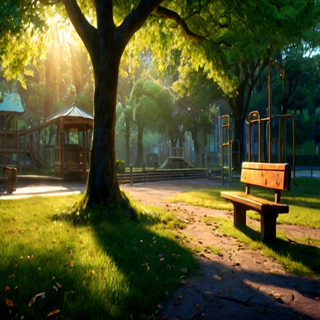 Sunset in the park with a wooden bench and a swing.の写真素材