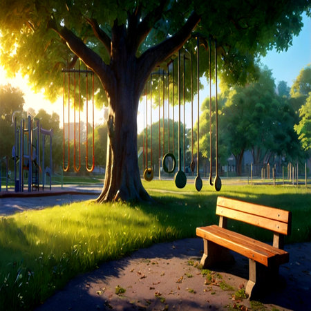 Wooden bench and swing in the park at sunset. Summer landscapeの写真素材