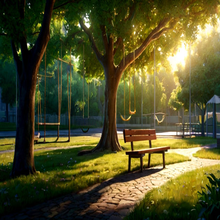 Wooden bench under a big tree in the park at sunset.の写真素材