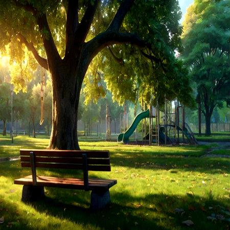 Empty bench under a tree in a park at sunset. Beautiful summer landscape.の写真素材
