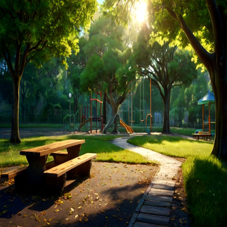 Sunset in the park with benches and trees on the foreground.の写真素材