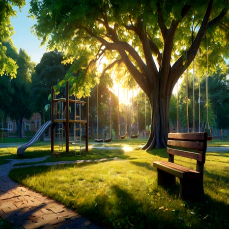 Playground in the park with a swing and trees at sunset.の写真素材