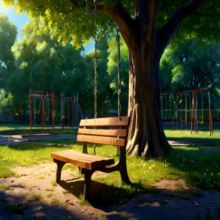 Wooden bench and swing in the park on a sunny summer dayの写真素材