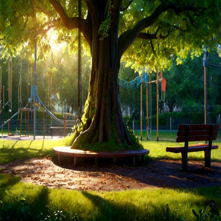 Wooden bench under big tree in the park at sunset. Beautiful summer landscape.の写真素材