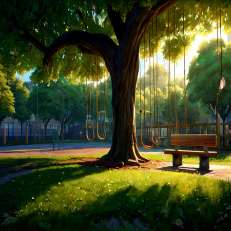 Playground in the park with swing and tree at sunset time.の写真素材