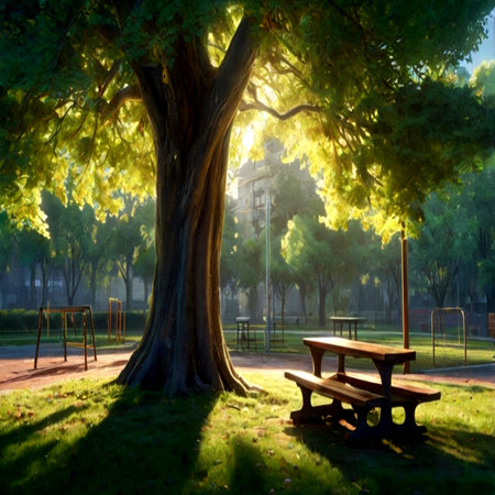 Bench under a tree in a park in the morning with sun raysの写真素材