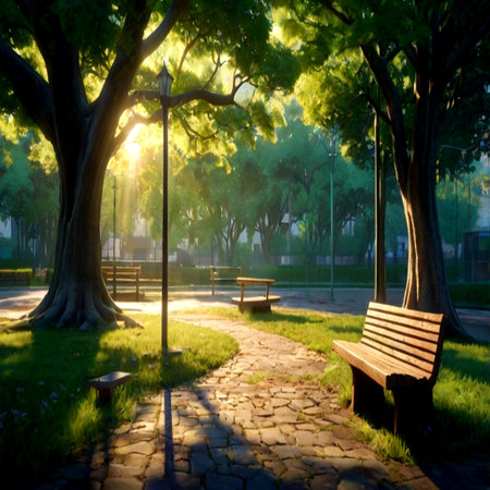 Bench in the park at sunset. Beautiful summer landscape with green trees.の写真素材