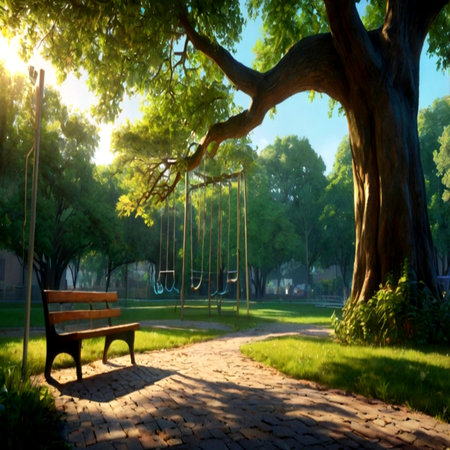Empty bench and swing in the park with trees and sunlight in the morningの写真素材
