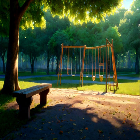 Wooden swing in the park on a sunny summer evening. Beautiful landscape.の写真素材