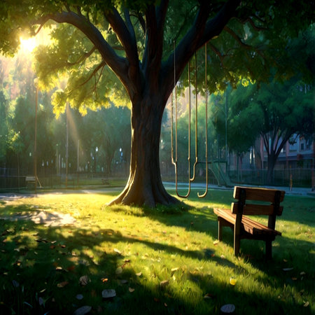 Wooden swing in the park at sunset with sunbeams.の写真素材
