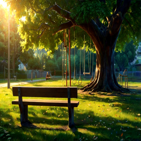 Wooden bench in the park with swing and tree at sunset.の写真素材