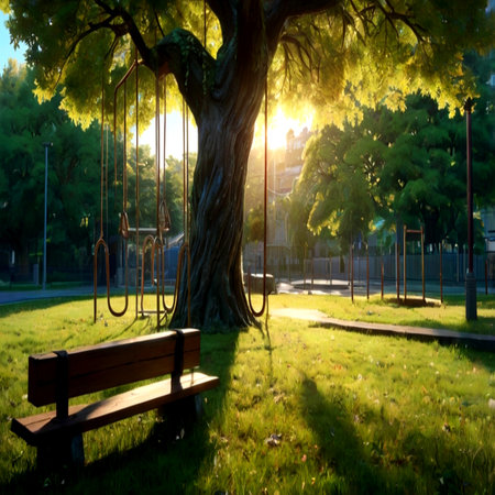 Sunset at the park with a swing in the foreground and a bench