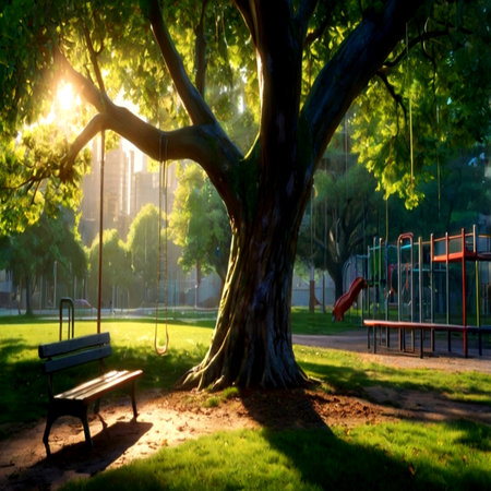 Sunset in the park with a bench and a swing in the foregroundの写真素材