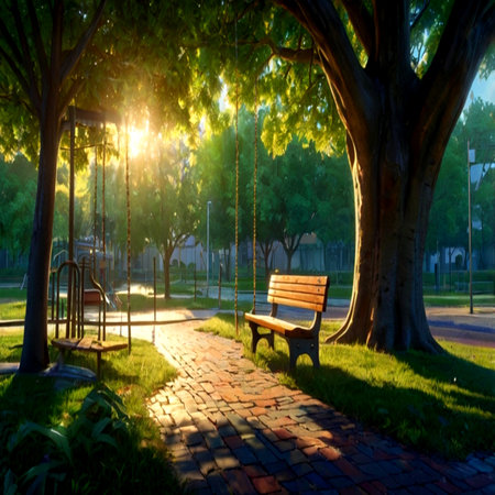 Sunset in the park with a bench in the shade of a treeの写真素材