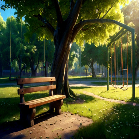 Wooden bench in the park at sunset. Beautiful summer landscape.の写真素材