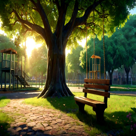 Wooden swing under big tree in the park at sunset time.の写真素材