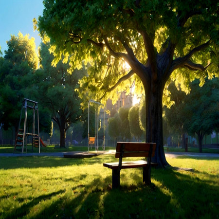 Wooden bench under a big tree in the park at sunset.の写真素材