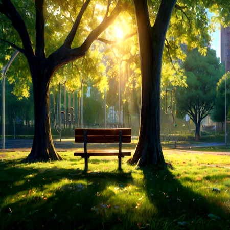 Bench in the park at sunset with sunbeams and lens flareの写真素材
