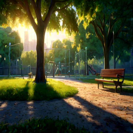 Bench in the city park at sunset. Beautiful summer landscape in the evening.の写真素材