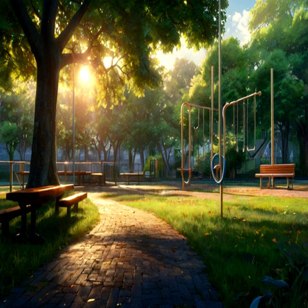 Sunset in the park with a swing and a bench on the foregroundの写真素材
