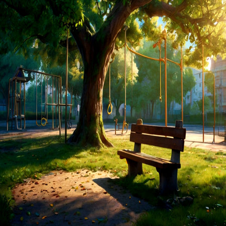 Wooden bench under a tree in the city park at sunset.の写真素材