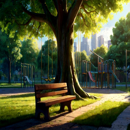 Wooden bench under a tree in the park at sunset with a view of the cityの写真素材