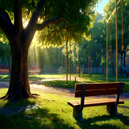 Bench in the park in the rays of the setting sun. Beautiful summer landscape.の写真素材