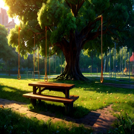 Wooden swing under a tree in the park at sunset time.の写真素材