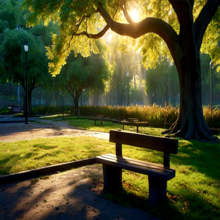 Bench under a tree in a park in the light of the sunの写真素材