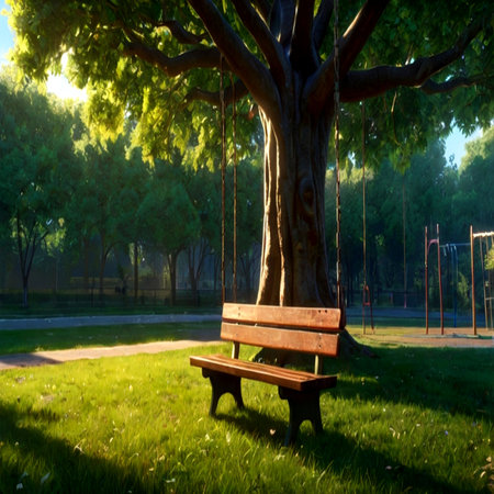 Wooden bench under big tree in the park at sunset light.の写真素材