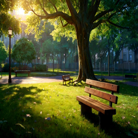 Bench in the park at sunset. Beautiful evening landscape with bench in the park.の写真素材